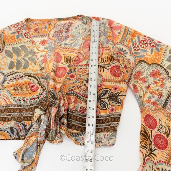 Ale-Hop Wrap Tie Crop Top One Size Flare Brocade Artsy Flowy Silky Floral Hippie - Picture 7 of 9